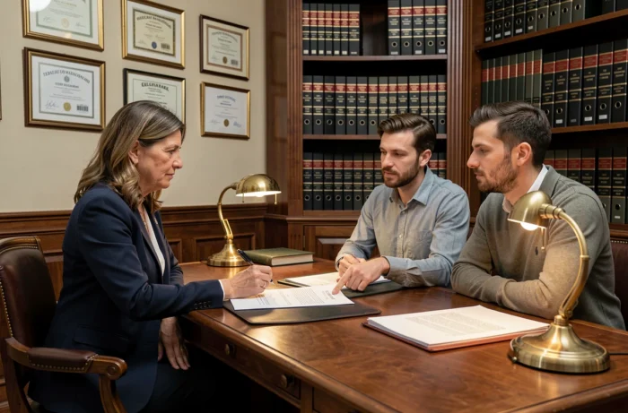 Notaire expliquant à un couple les règles juridiques de la double résidence principale lors d'une consultation en France