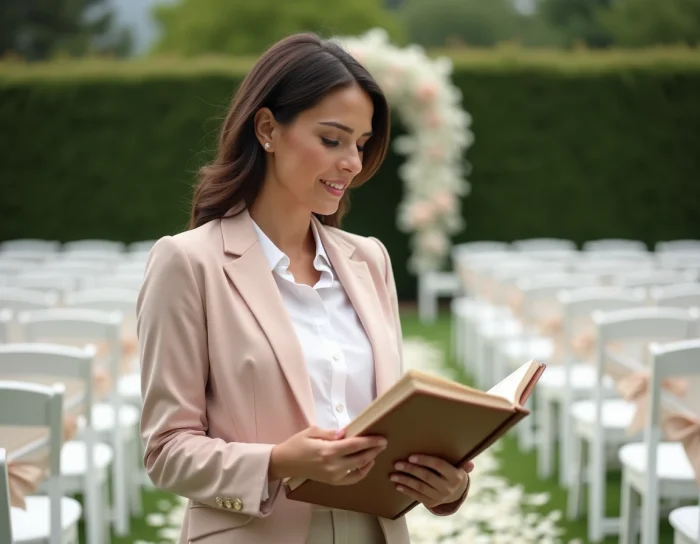 Organisatrice de mariage consultant son carnet devant une allée décorée de pétales et de chaises blanches pour une cérémonie en plein air