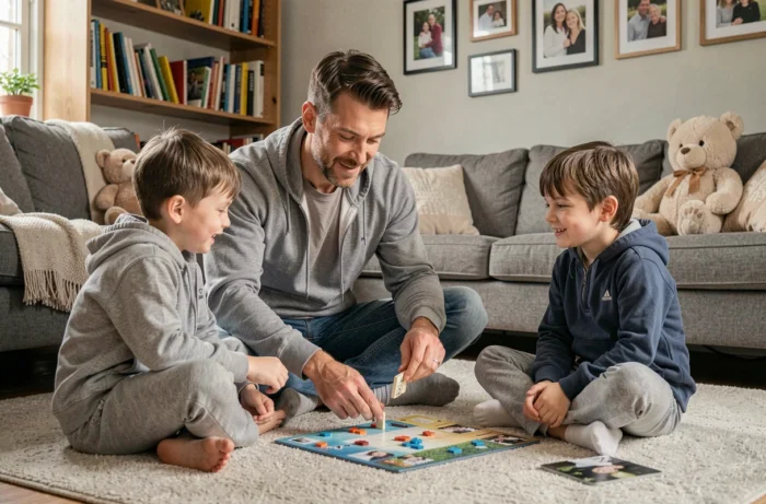 Père jouant à un jeu de société avec ses deux jeunes enfants sur le tapis du salon, moment de complicité familiale