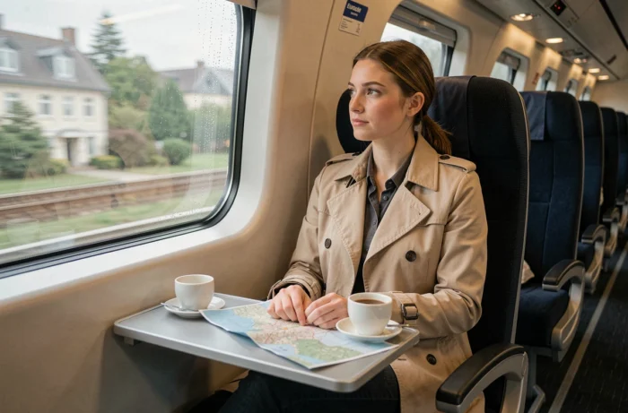 Jeune femme assise dans un wagon Eurostar regardant le paysage européen défiler par la fenêtre avec une tasse de café