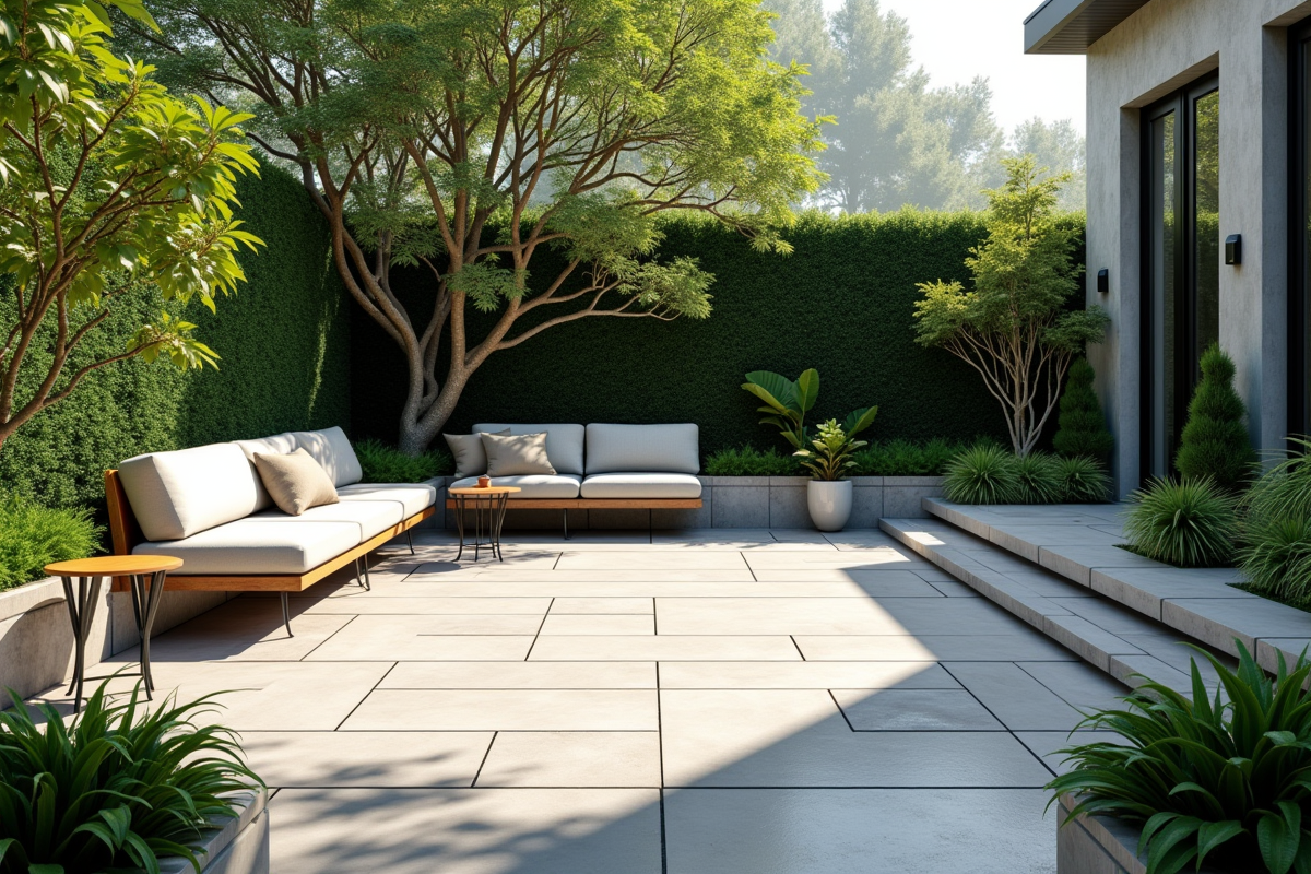 Terrasse en pierre avec sièges intégrés et plantes luxuriantes