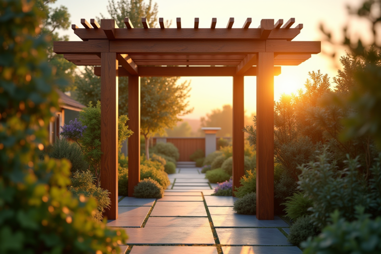 Pergola en bois moderne dans un jardin lors de l'heure dorée