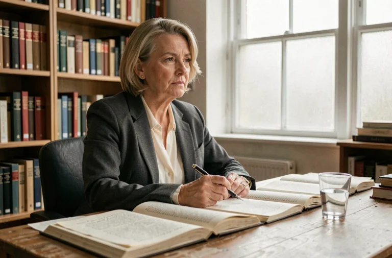 Philosophe femme réfléchissant à son bureau entouré de livres dans un bureau universitaire, symbolisant le dialogue entre raison et savoir