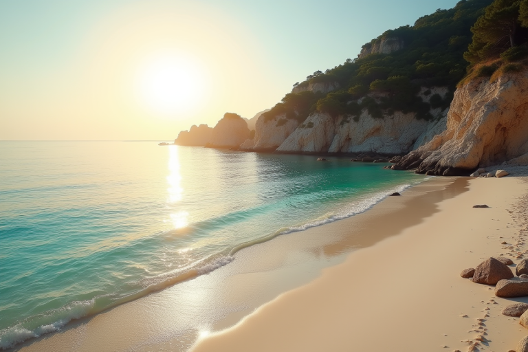 Plage européenne au lever du soleil avec eau turquoise