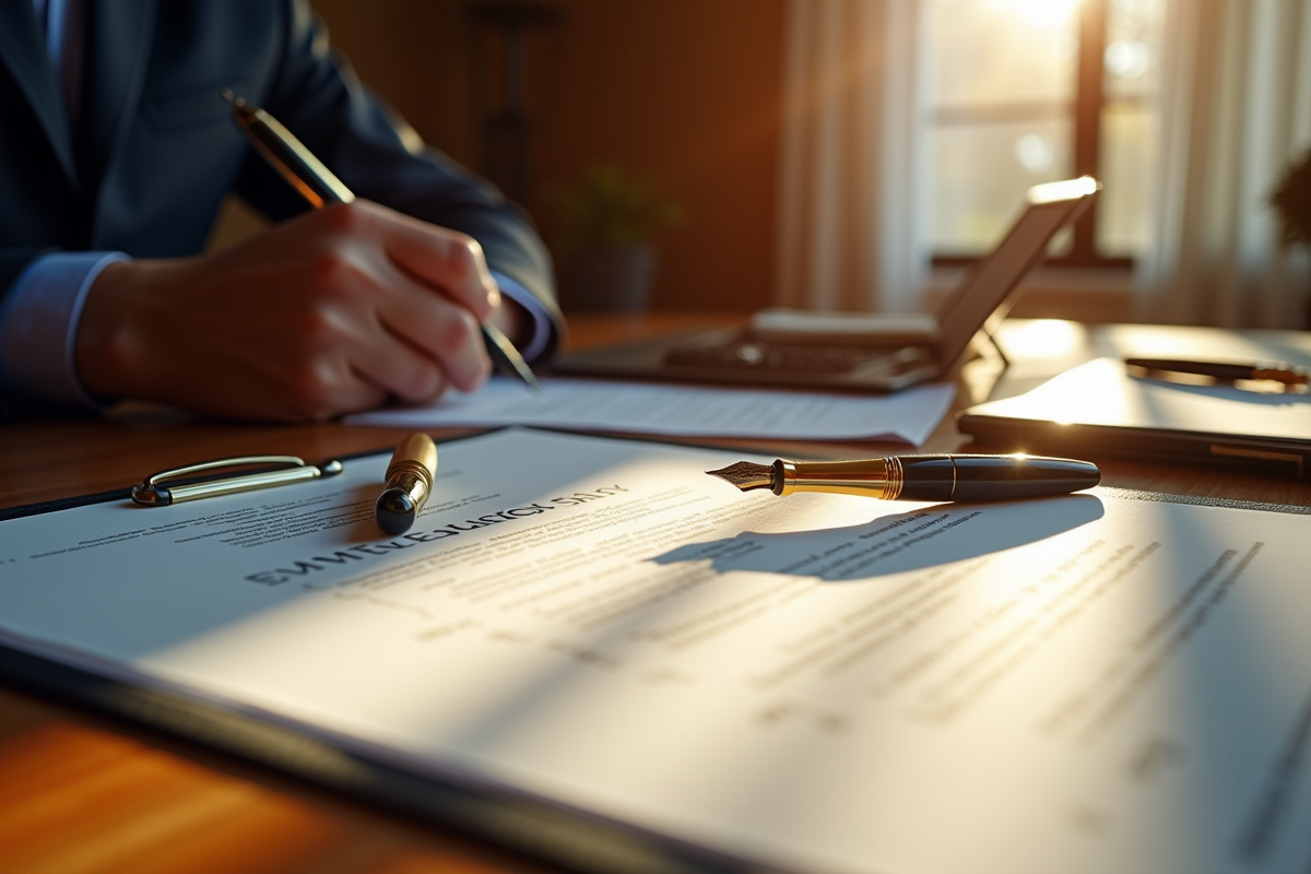 Plumes de luxe et contrat de salaire sur une table en bois