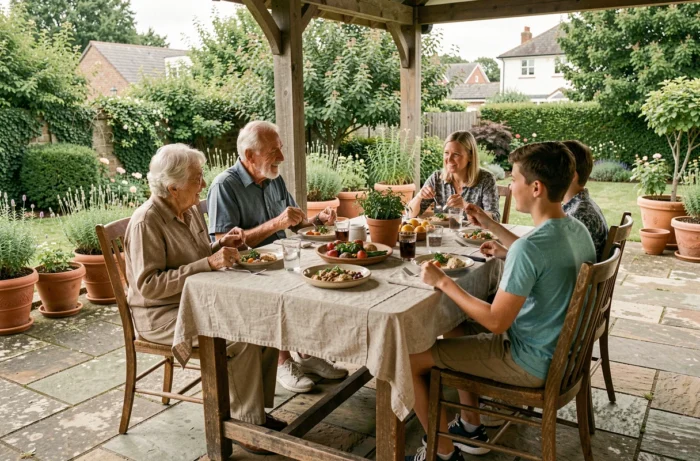Famille multigénérationnelle réunie autour d'un repas dominical en terrasse, grands-parents parents et adolescent partageant un moment convivial