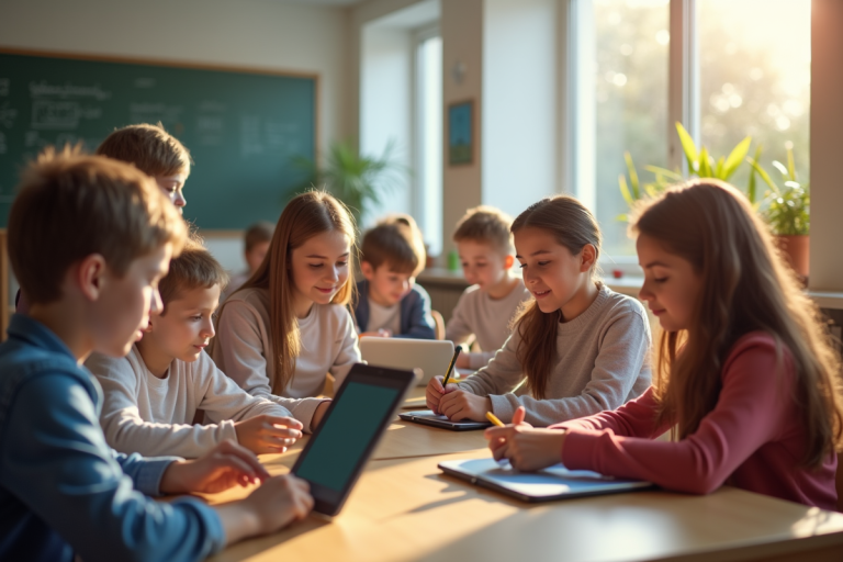 Salle de classe moderne avec élèves utilisant des tablettes numériques