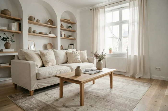 Salon scandinave moderne avec canapé en lin crème, table basse en chêne et étagères minimalistes pour une décoration intérieure épurée