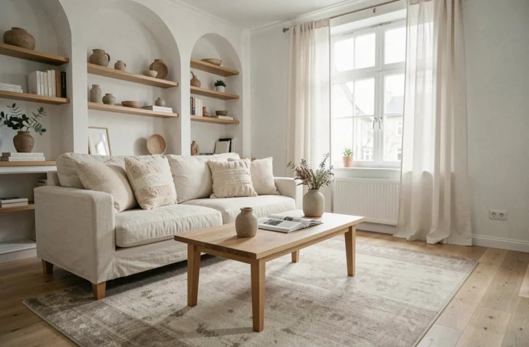 Salon scandinave moderne avec canapé en lin crème, table basse en chêne et étagères minimalistes pour une décoration intérieure épurée