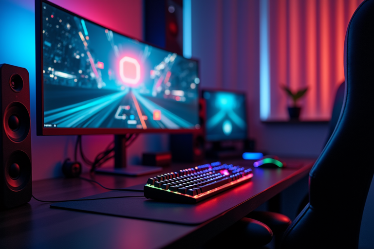 Bureau de gaming lumineux avec grand écran affichant un compteur FPS coloré