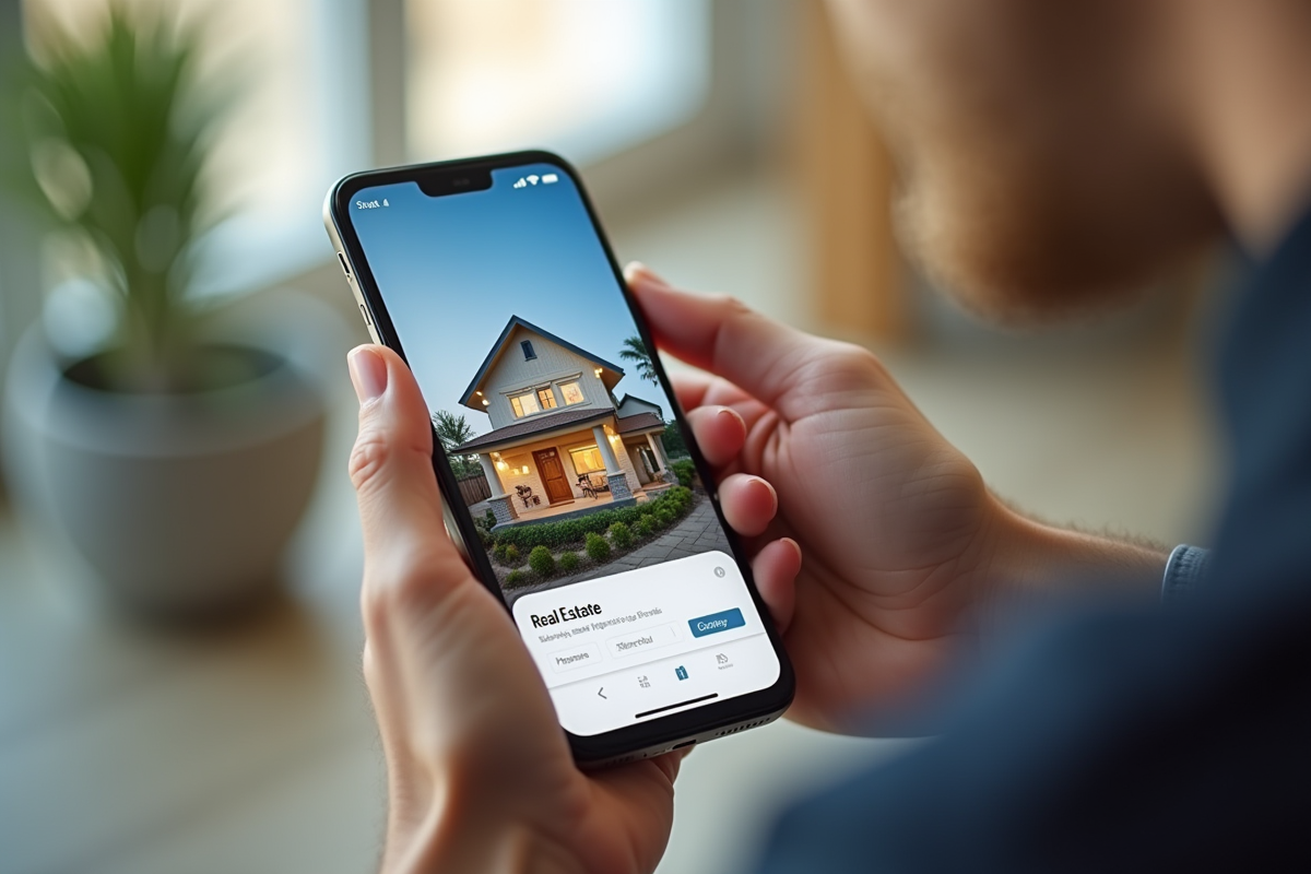 Main tenant un smartphone avec une application immobilière