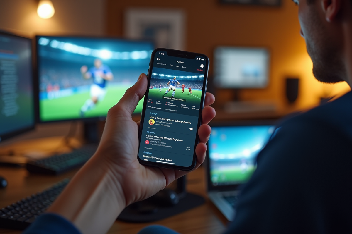 Main tenant un smartphone avec forum de football en ligne