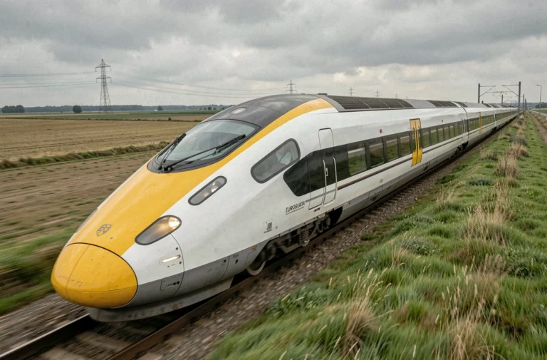 Train Eurostar à grande vitesse traversant la campagne française près de Lille avec effet de flou de mouvement