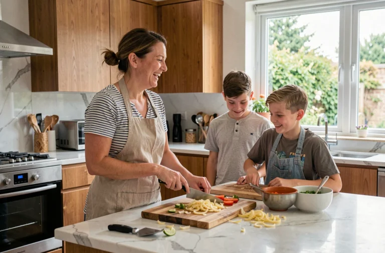 Mère et enfants adolescents qui cuisinent ensemble dans une cuisine familiale moderne, scène chaleureuse du quotidien