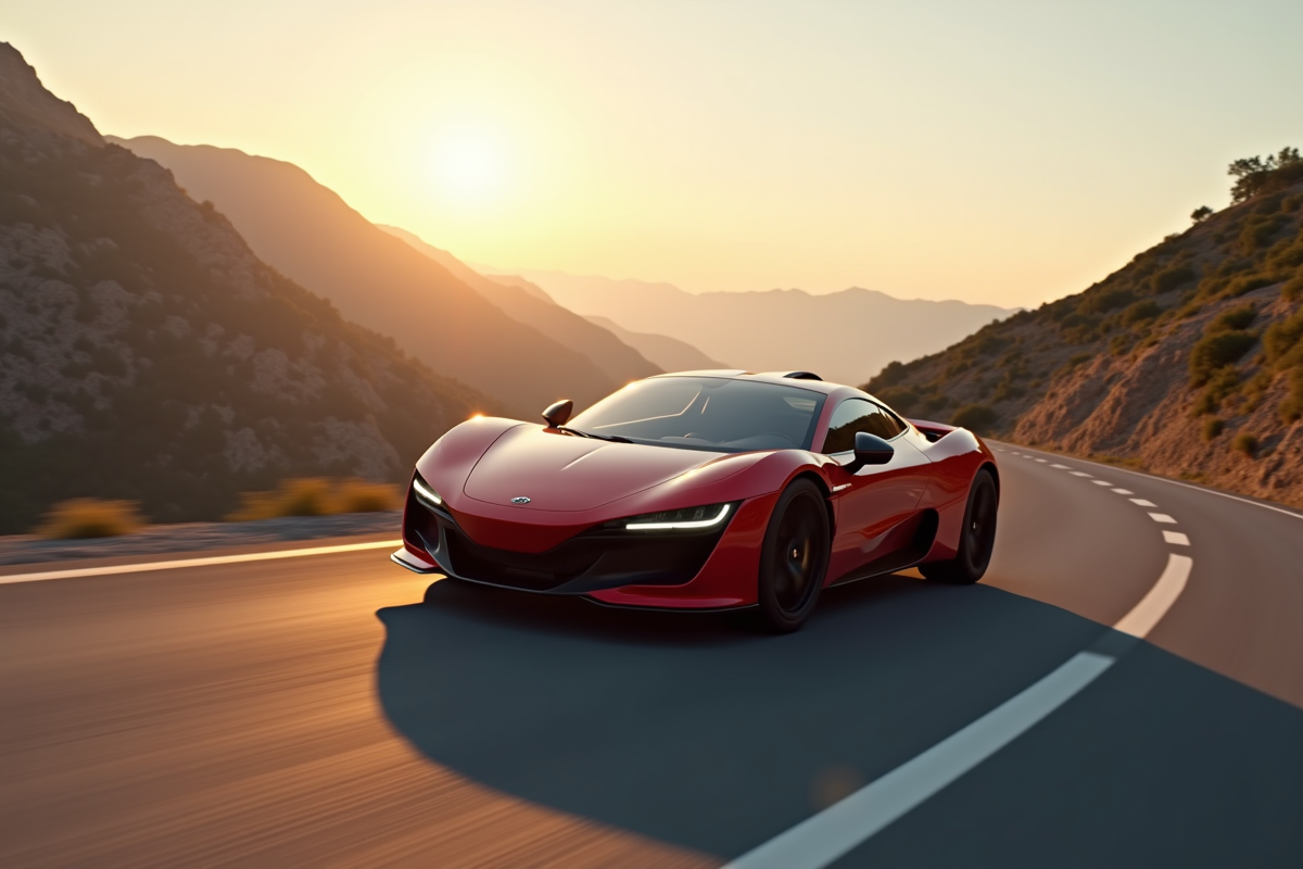 Voiture sportive 2025 en mouvement sur une route de montagne au coucher du soleil