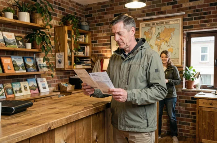 Voyageur masculin comparant des options d'hébergement à la réception d'une auberge de voyageurs authentique