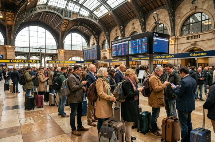 Voyageurs avec bagages attendant dans le hall de la Gare du Nord à Paris devant les panneaux de départs Eurostar