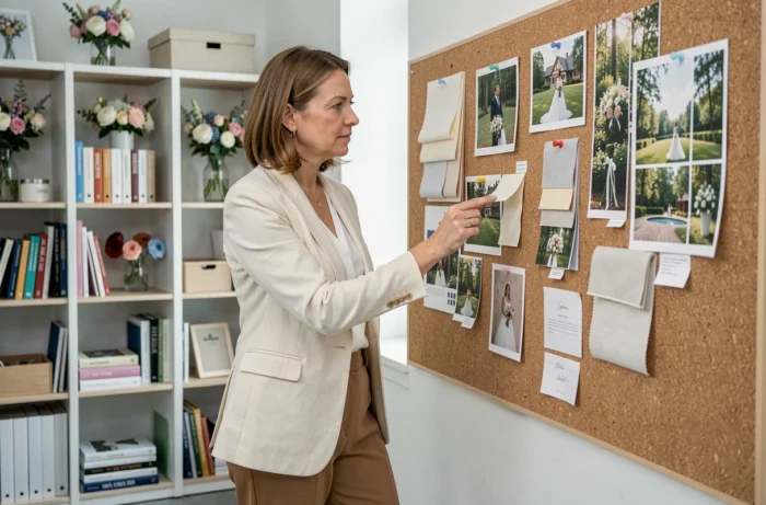 Wedding planner professionnelle en studio examinant un tableau d'inspiration pour l'organisation d'un mariage avec échantillons de tissus et photos de lieux